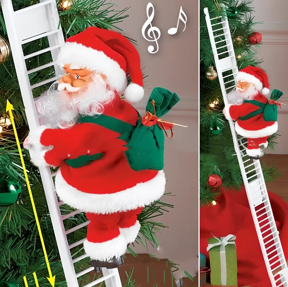 Electric plastic Santa Claus on 30cm climbing ladder with riding deer, in red suit, for Christmas decorations