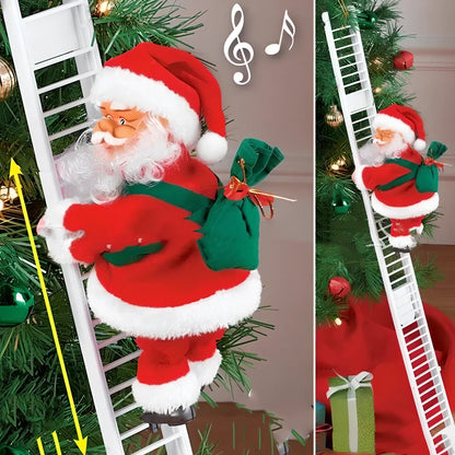 Electric plastic Santa Claus on 30cm climbing ladder with riding deer, in red suit, for Christmas decorations