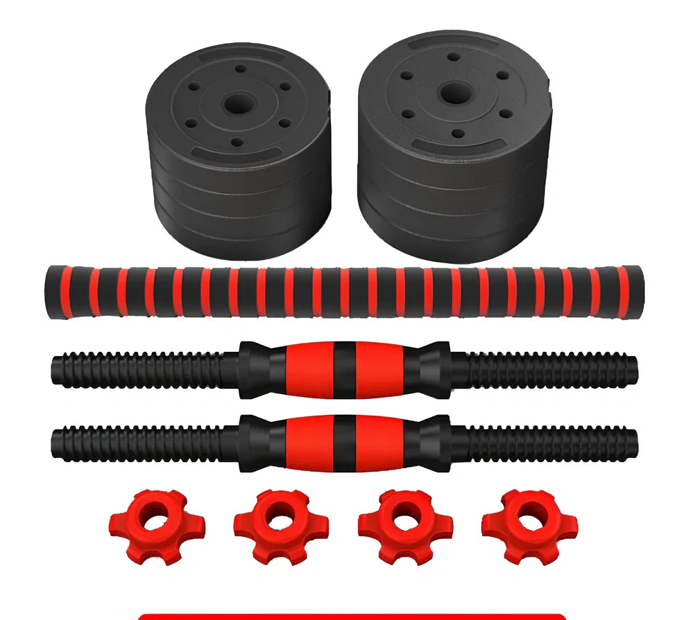 Red rubber-coated concrete adjustable dumbbells set, 10-40kg weights for household fitness barbell training