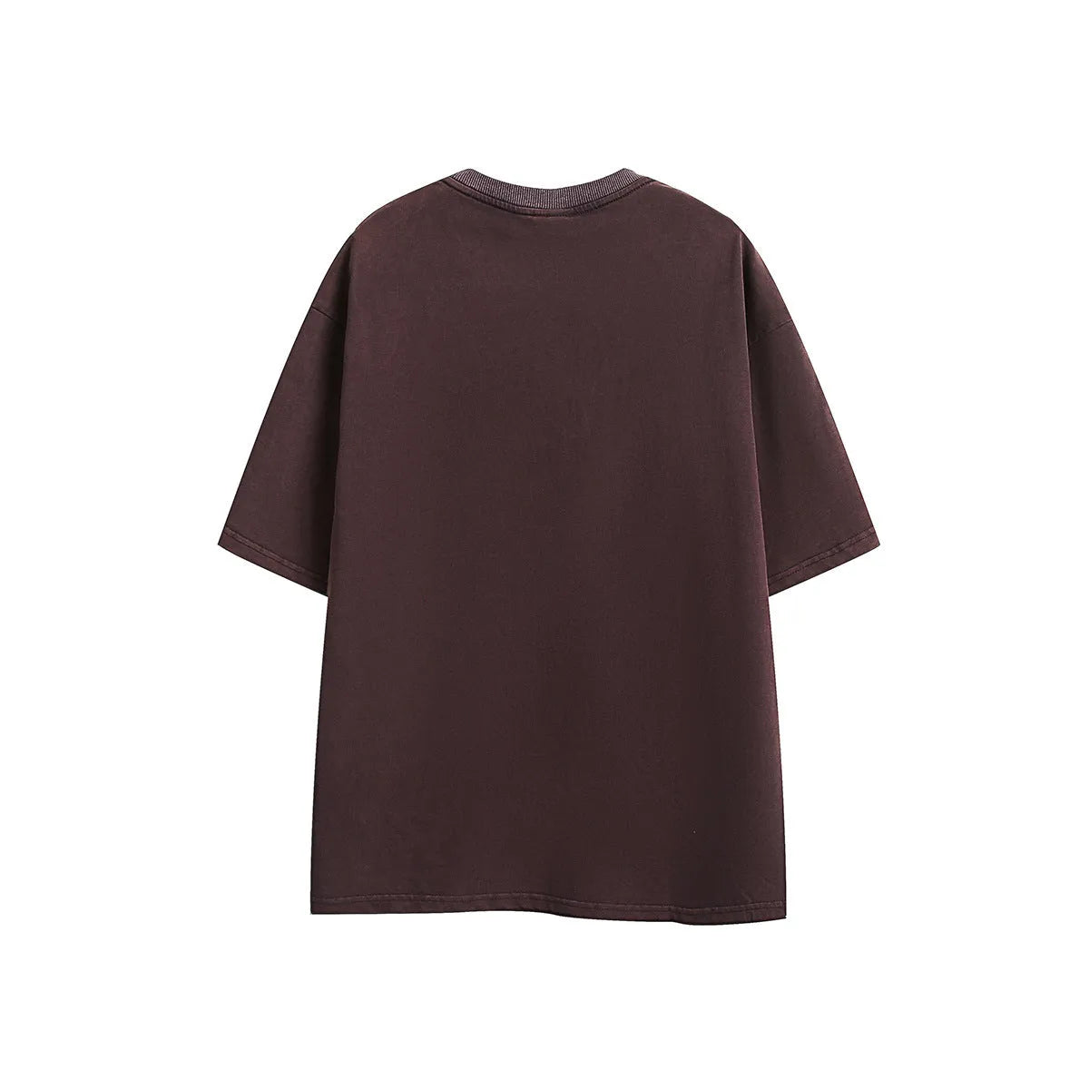 Purple washed cotton T-shirt with embroidery, loose fit, shown on a hanger.