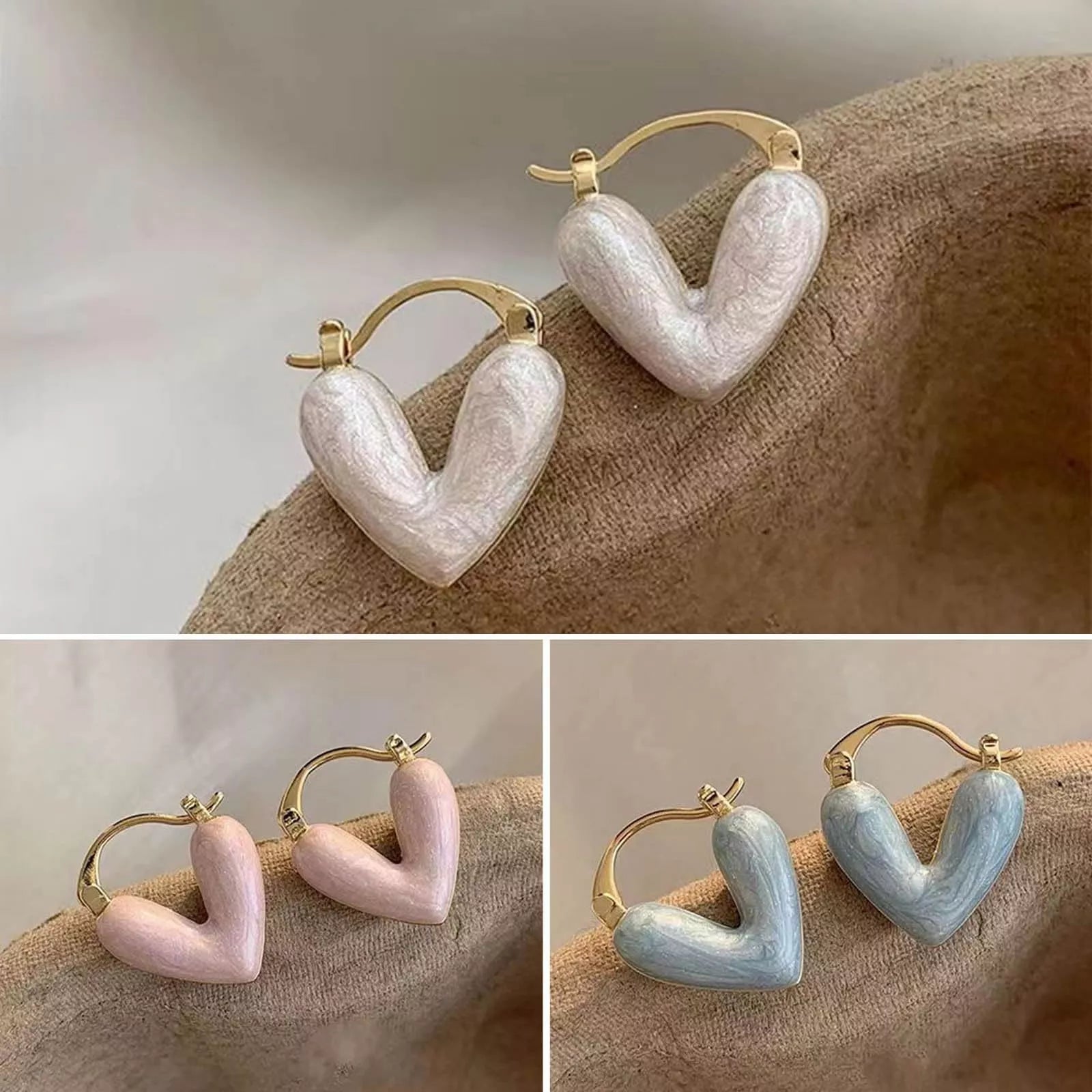 Heart-shaped alloy drop earrings with electroplating in white, pink, blue, and gold