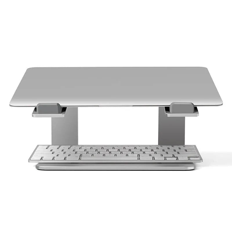 Black aluminium alloy laptop stand raising a laptop for ergonomic desktop use