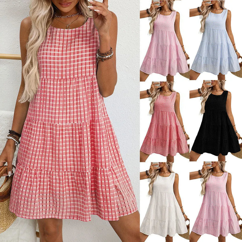 Women's loose casual sleeveless plaid dress with lining, featuring a high waist, oversized swing skirt design, mid-length hemline, and available in black, light blue, light pink, red, or white polyester fabric.