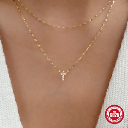 S925 sterling silver double layer twin diamond cross pendant on adjustable 40-45cm chain