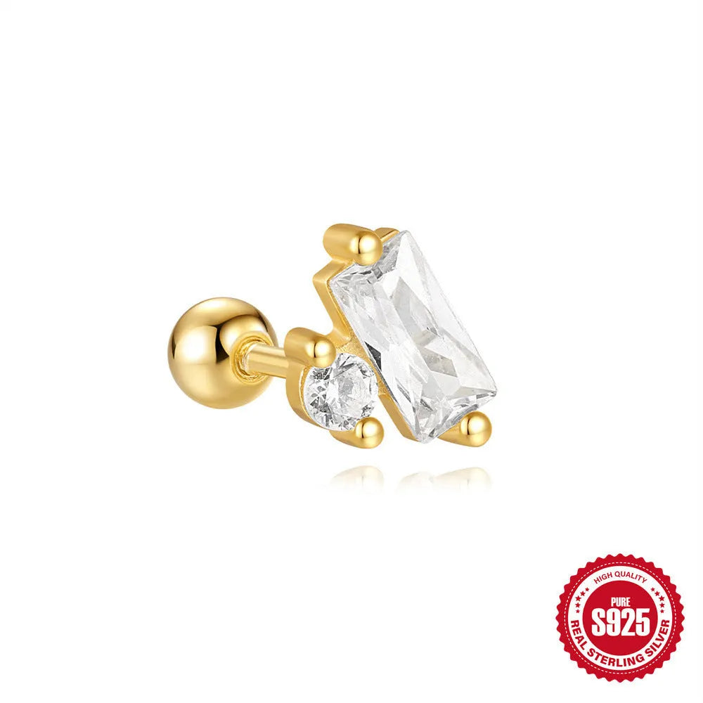 S925 sterling silver floral stud earrings with square gravel detail in a golden electroplated finish.