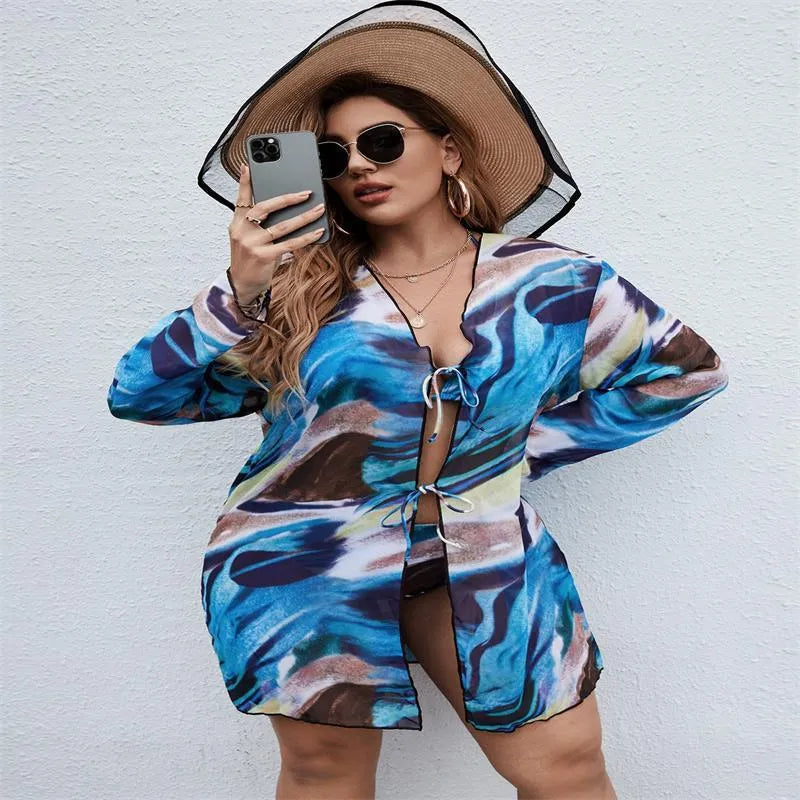 Sapphire blue women's plus size bikini three-piece set for swimming