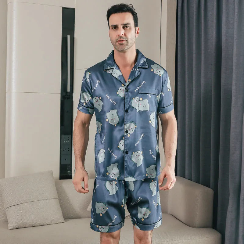 Men's ice silk short sleeve pyjamas set with cardigan style in picture colours