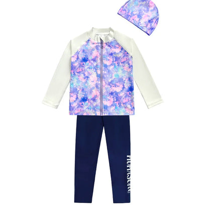 Girls' long sleeve swimsuit with split skirt in gradually varied pink colour, showing complete arm coverage and skirt design