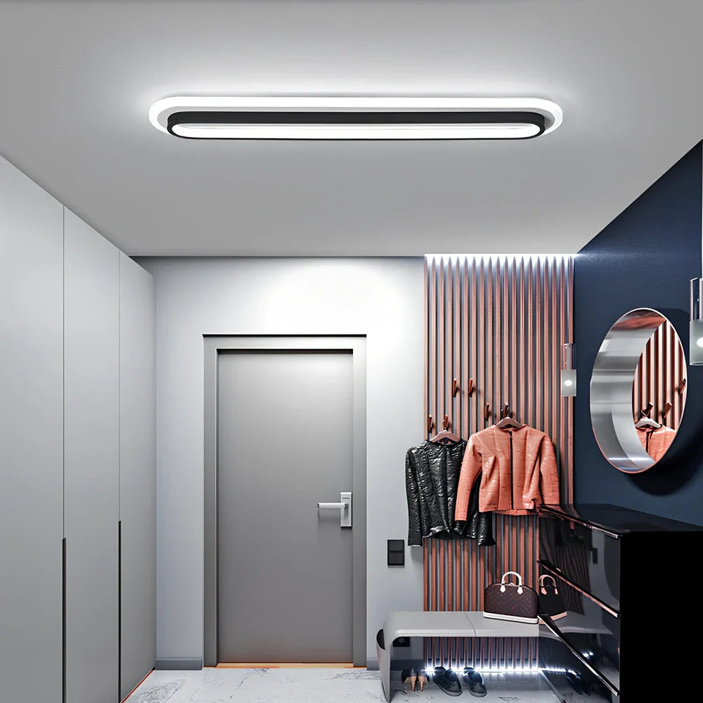 Rectangular ceramic LED ceiling light with iron body in black or white finish, dimensions 480-1000mm x 150mm x 50mm