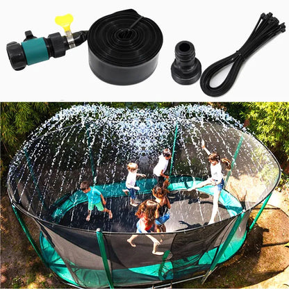 Portable plastic garden sprinkler with solar water cooling in blue and orange colours, showing 8m, 12m, 15m length options