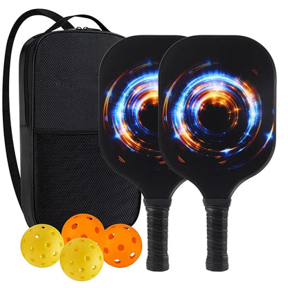 Peak Racket fibreglass squash set showing two rackets and four balls for complete playing equipment