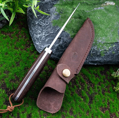 Outdoor survival knife with leather holster and mirror polished blade