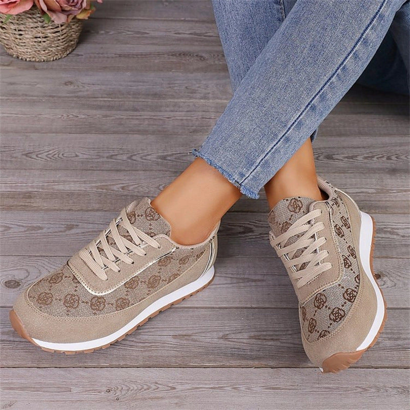 Women's flower print lace-up sneakers in grey and camel colors
