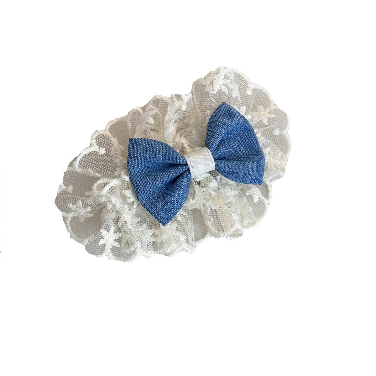Cloth barrette hairpin set showing blue bow, beige lace, and pearl butterfly designs