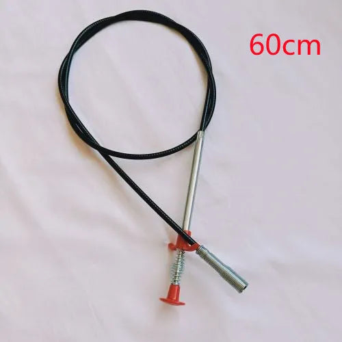 Stainless steel sewer dredge spring drain cleaning tool with a black PP handle.