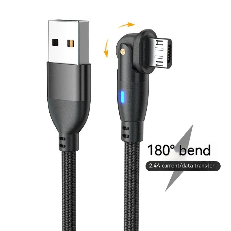 180-degree bendable fast charge USB cable in black, red, and purple