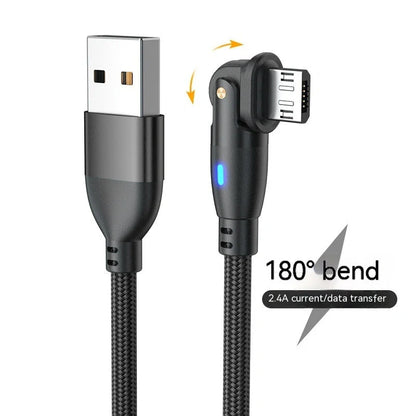 180-degree bendable fast charge USB cable in black, red, and purple