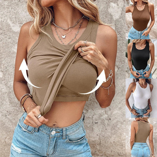 Stylish sleeveless knit tank top with built-in bra in various colors and sizes