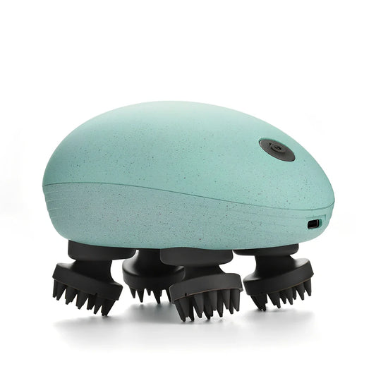 Automatic scalp massager with 8 blue silicone heads arranged in circular pattern on white background