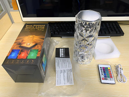 Creative crystal diamond table lamp with RGB16 colour touch rechargeable bedside light showing small waist design