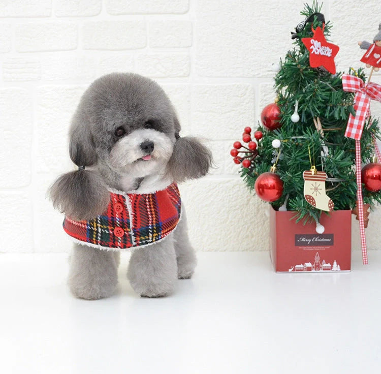 Christmas red check knitted turtleneck dog sweater with suede lining for winter warmth