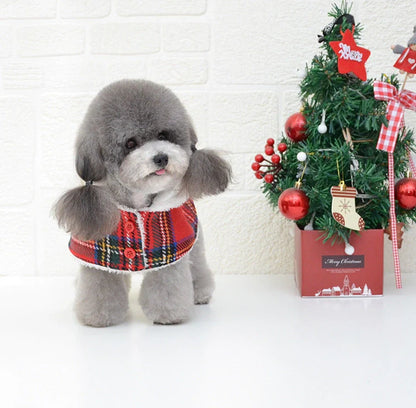 Christmas red check knitted turtleneck dog sweater with suede lining for winter warmth
