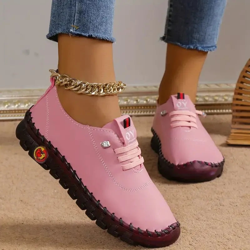 Women's handmade soft sole shoes with microfiber upper, round toe, 3-5cm heel, in black, white, red, or brown.