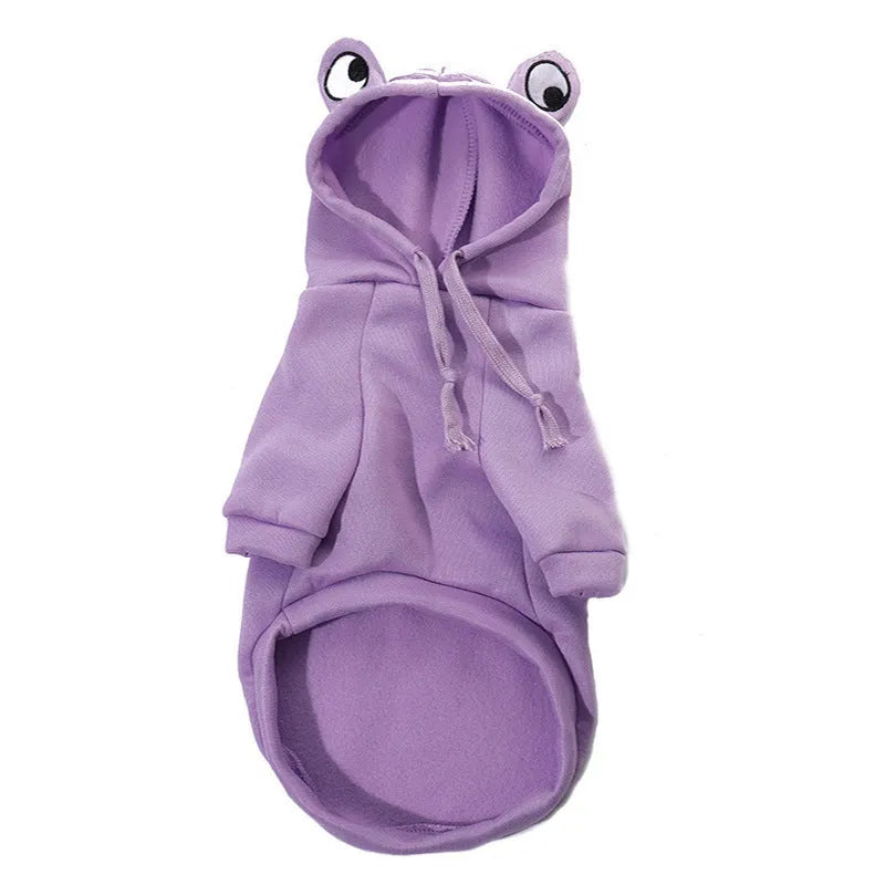 Green frog costume hoodie for a small dog, showing hood with ears and sweatshirt body.