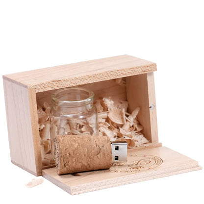Chocolate brown wooden USB flash drive with personalised lettering and drift bottle storage design