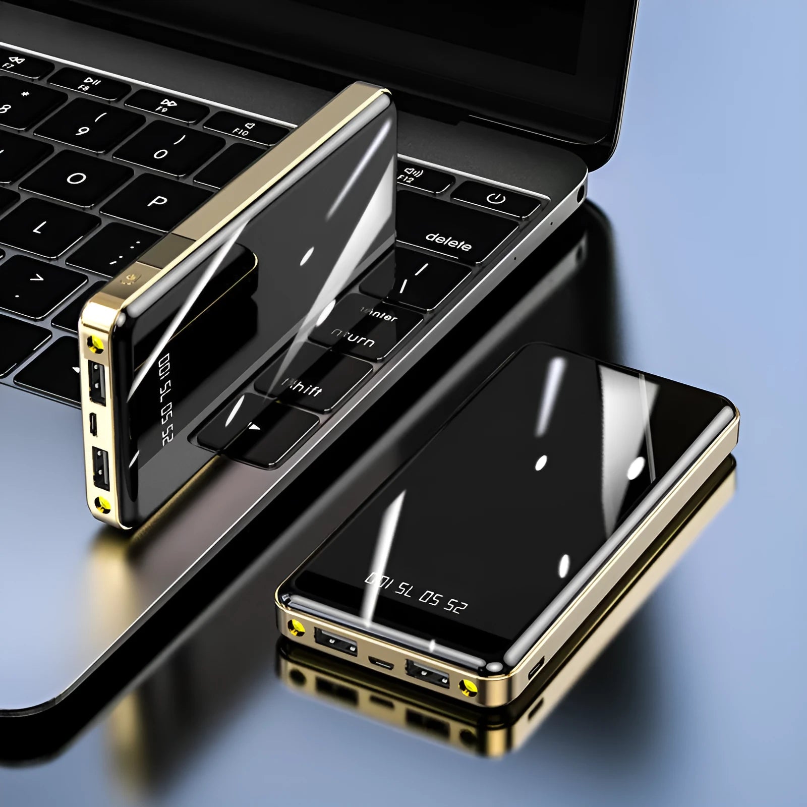 Mirror digital display 20000mAh power bank in multiple colours showing size and aluminium battery casing