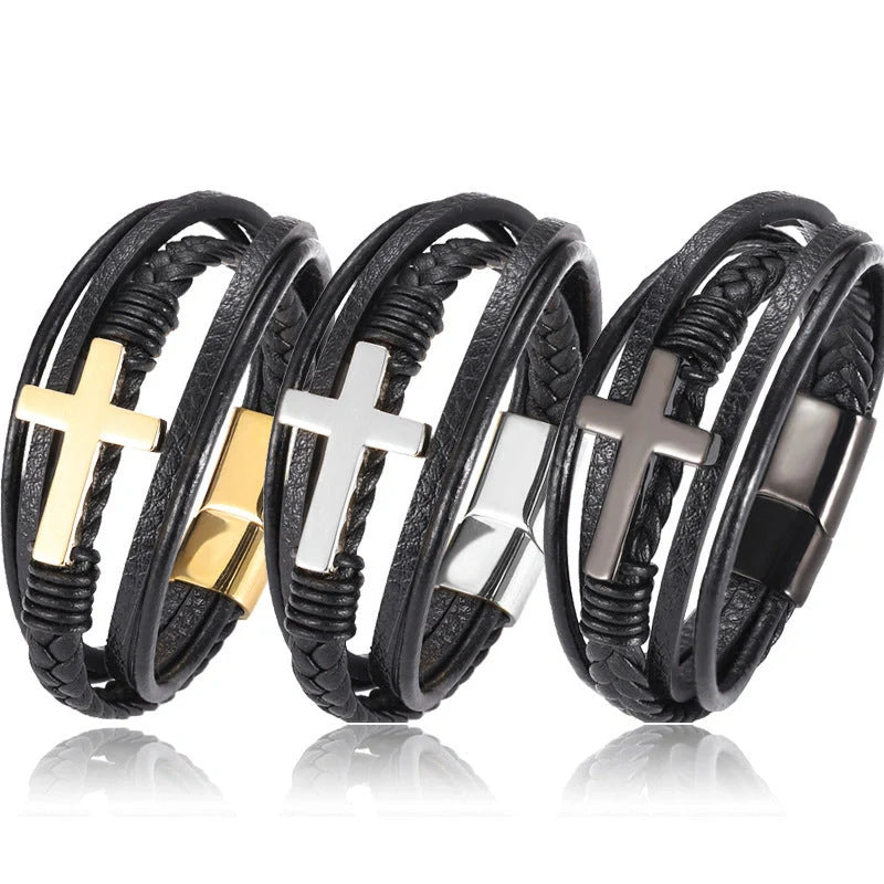 Men's braided stainless steel cross bracelet with elegant design, perfect for any occasion.