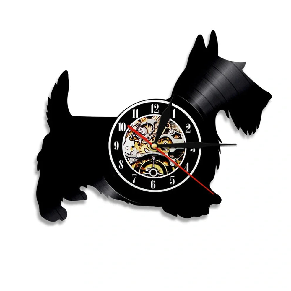 30cm vinyl record wall clock with dog breed designs, silent quartz movement, and pre-installed hook