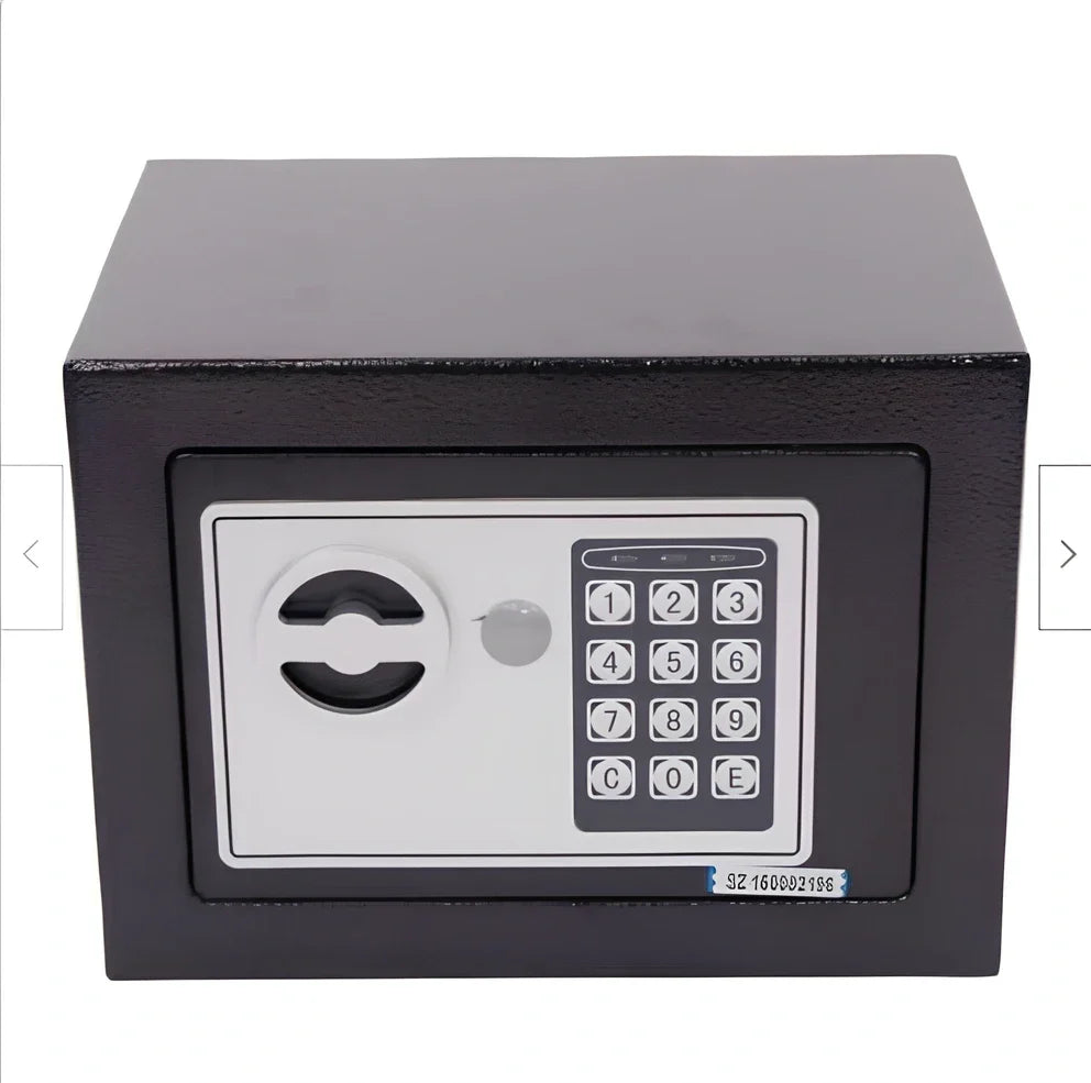 Mini office safe with digital password panel in black, white, blue, gold, pink, or red colour options