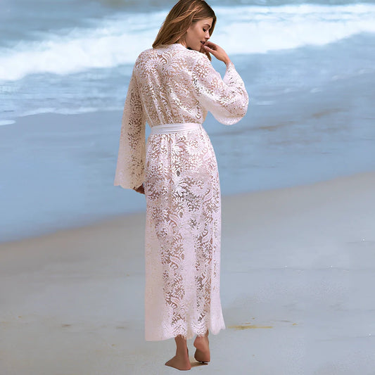 White lace bikini blouse with 130cm length and UPF 50+ sun protection for beach wear