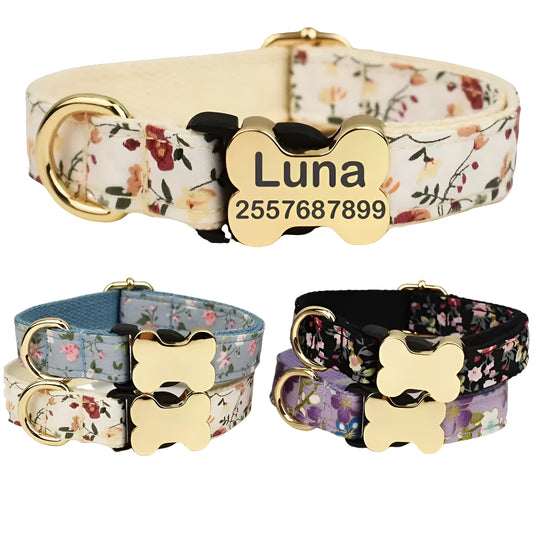Flat nylon dog collar with bone buckle in a printed grid pattern, shown in multiple colour options.