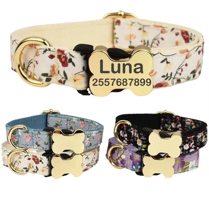 Nylon dog collar with printed grid pattern and bone-shaped buckle in black, blue, green, purple, red, or white