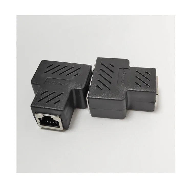 RJ45 network cable splitter adapter showing white, yellow, red, blue, and black colour options with standard Ethernet connectors