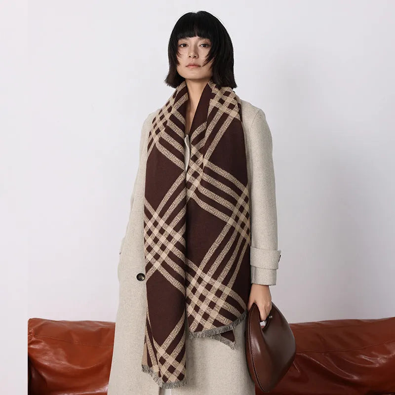 Cashmere-like winter scarf with tassels in brown, black, black camel or khaki colours