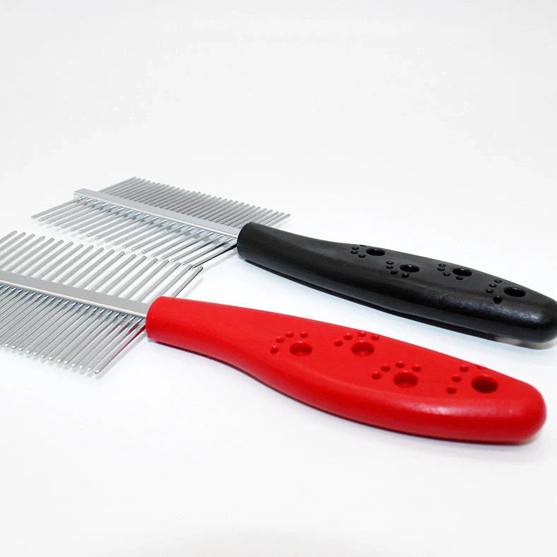 Red double-row pet grooming comb with stainless steel teeth and plastic handle showing sparse and dense sides