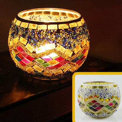 Mosaic glass candle holder in vibrant colors with elegant mosaic pattern