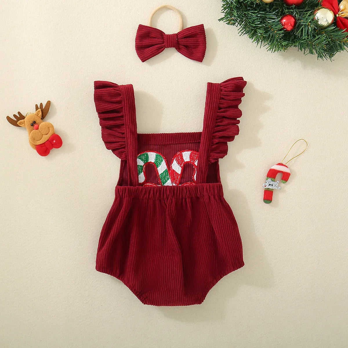 Red Christmas embroidered winged triangle romper for infants and toddlers, sleeveless cotton crawl suit, sizes 70cm to 100cm.