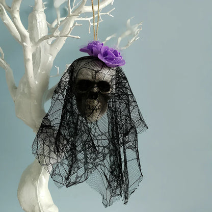 Foam Halloween skull hanging decor in purple with lace, 40 cm height for stage props