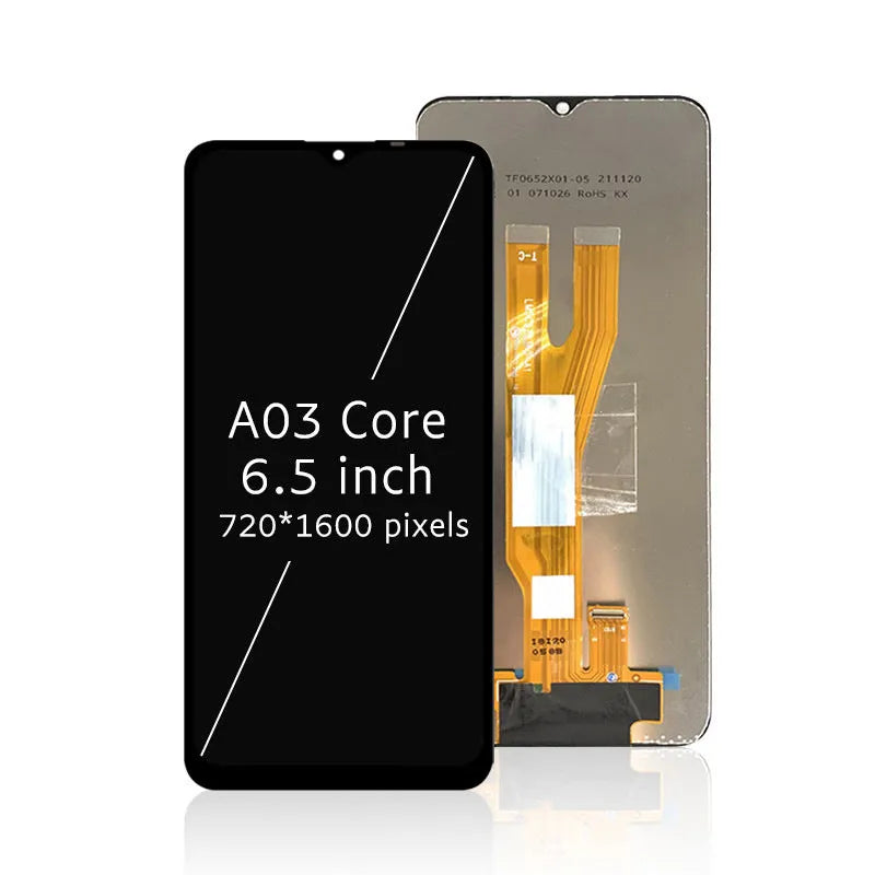 Samsung A03 Core mobile phone LCD screen assembly replacement part showing framed and frameless options