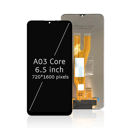 Samsung A03 Core mobile phone LCD screen assembly replacement part showing framed and frameless options