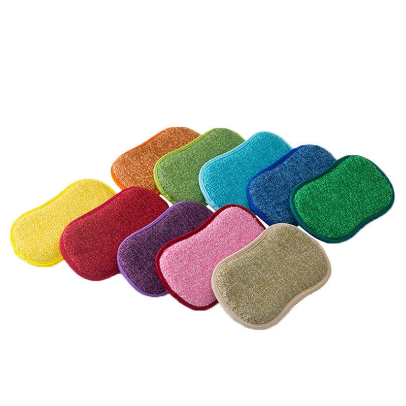 Heavy-duty double-sided kitchen scrub sponges with durable polyester and nylon construction for tough cleaning on pots, pans, and surfaces
