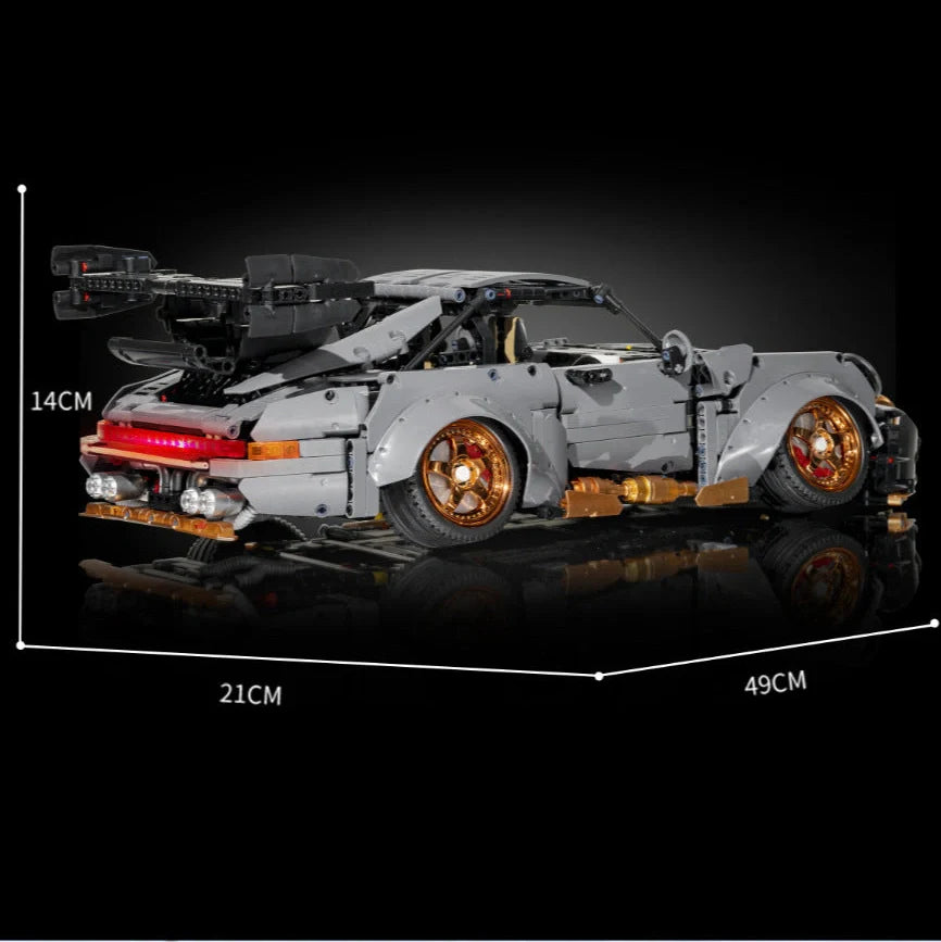 Cement grey Porsche sports car building block set with 10220 pieces showing detailed assembly components