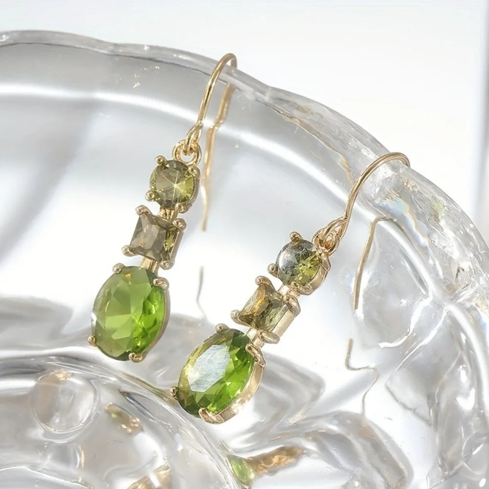 Green geometric copper earrings with a quadrilateral shape in a retro bohemian style