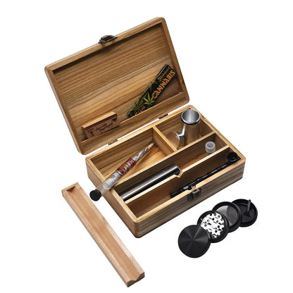 Wooden smoking set kit with khaki finish and 205mm storage box containing complete tool collection