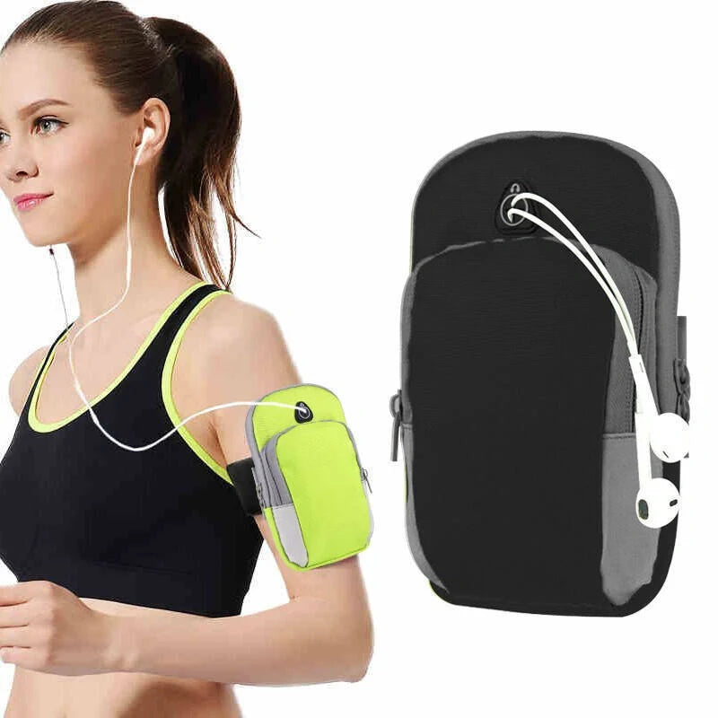 Adjustable running mobile phone arm bag in green, black, blue, and rose red