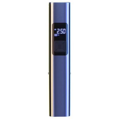 Handheld wireless car tyre inflator and vacuum cleaner with digital display on a black background.